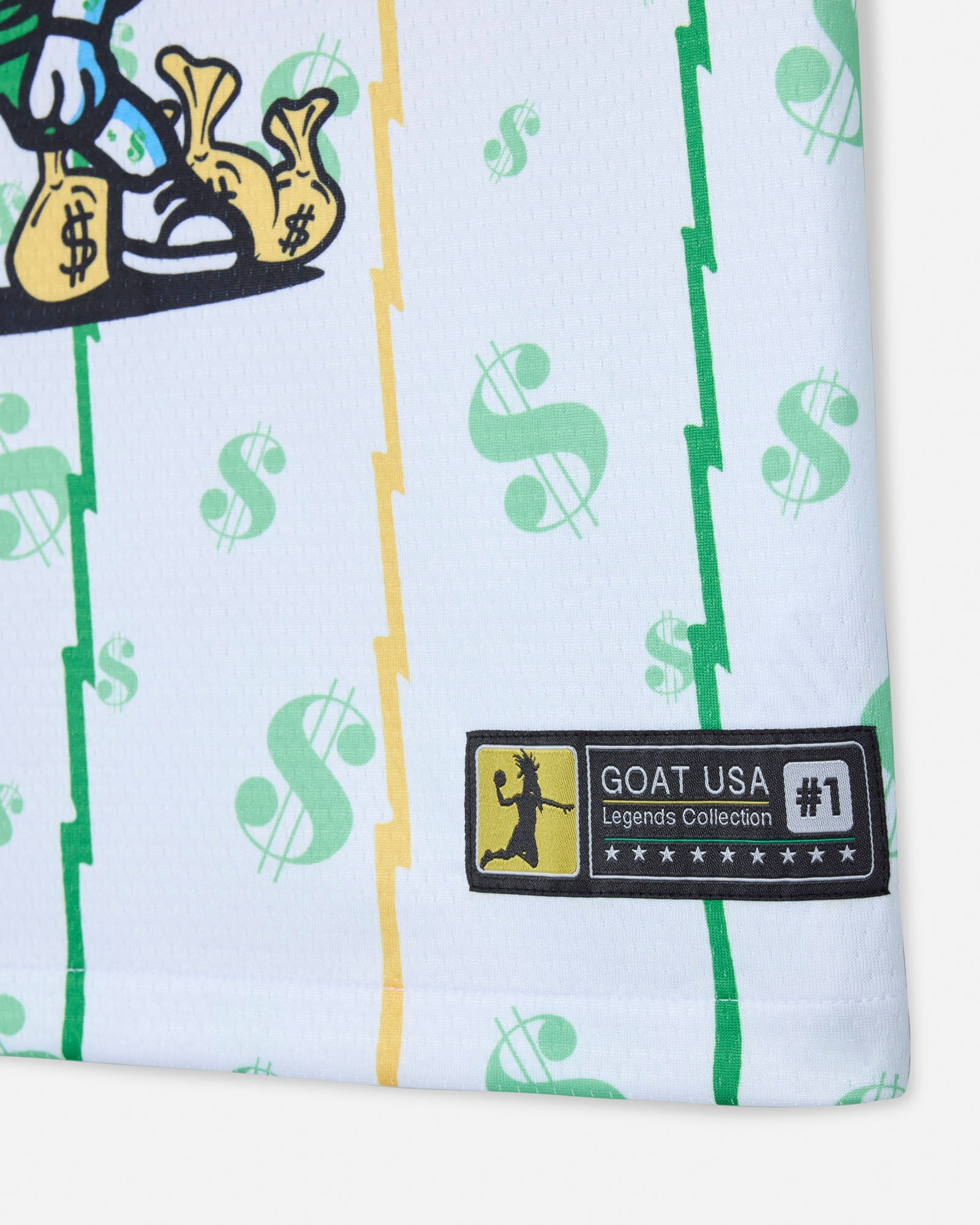 Fabric with dollar sign pattern and GOAT USA label on a white background