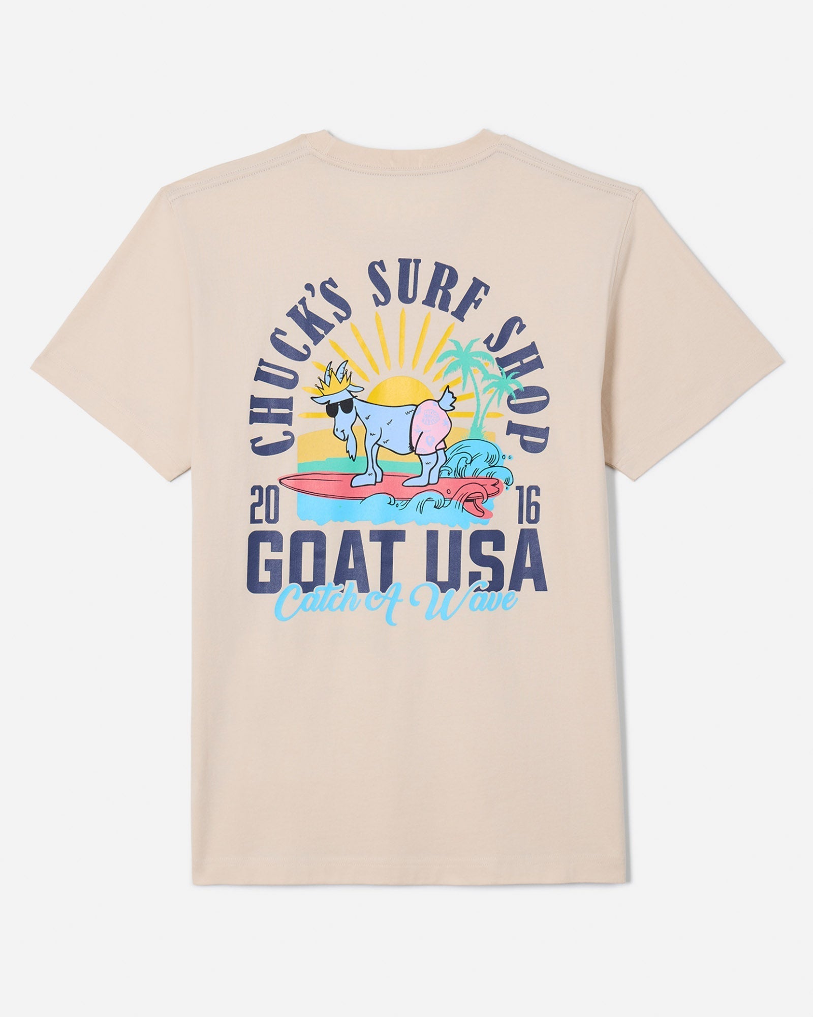 Back of sandshell t-shirt with Chuck the GOAT catching a wave graphic
