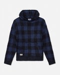A navy blue and black checkered fleece hoodie with a small white brand tag on the lower left hem, displayed against a light gray background.