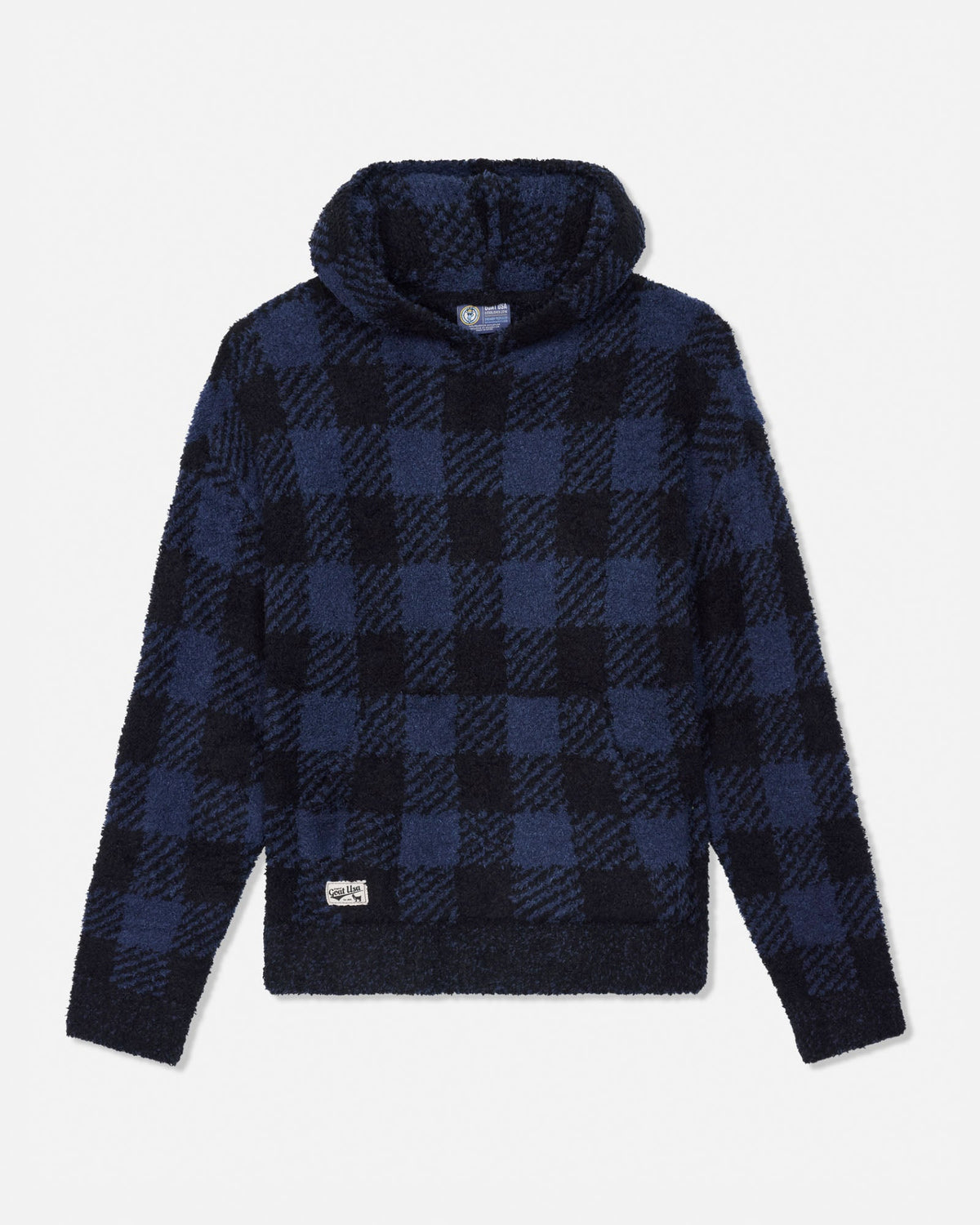 A navy blue and black checkered fleece hoodie with a small white brand tag on the lower left hem, displayed against a light gray background.