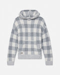 A gray and white checkered fuzzy hooded sweater displayed on a clean white background.