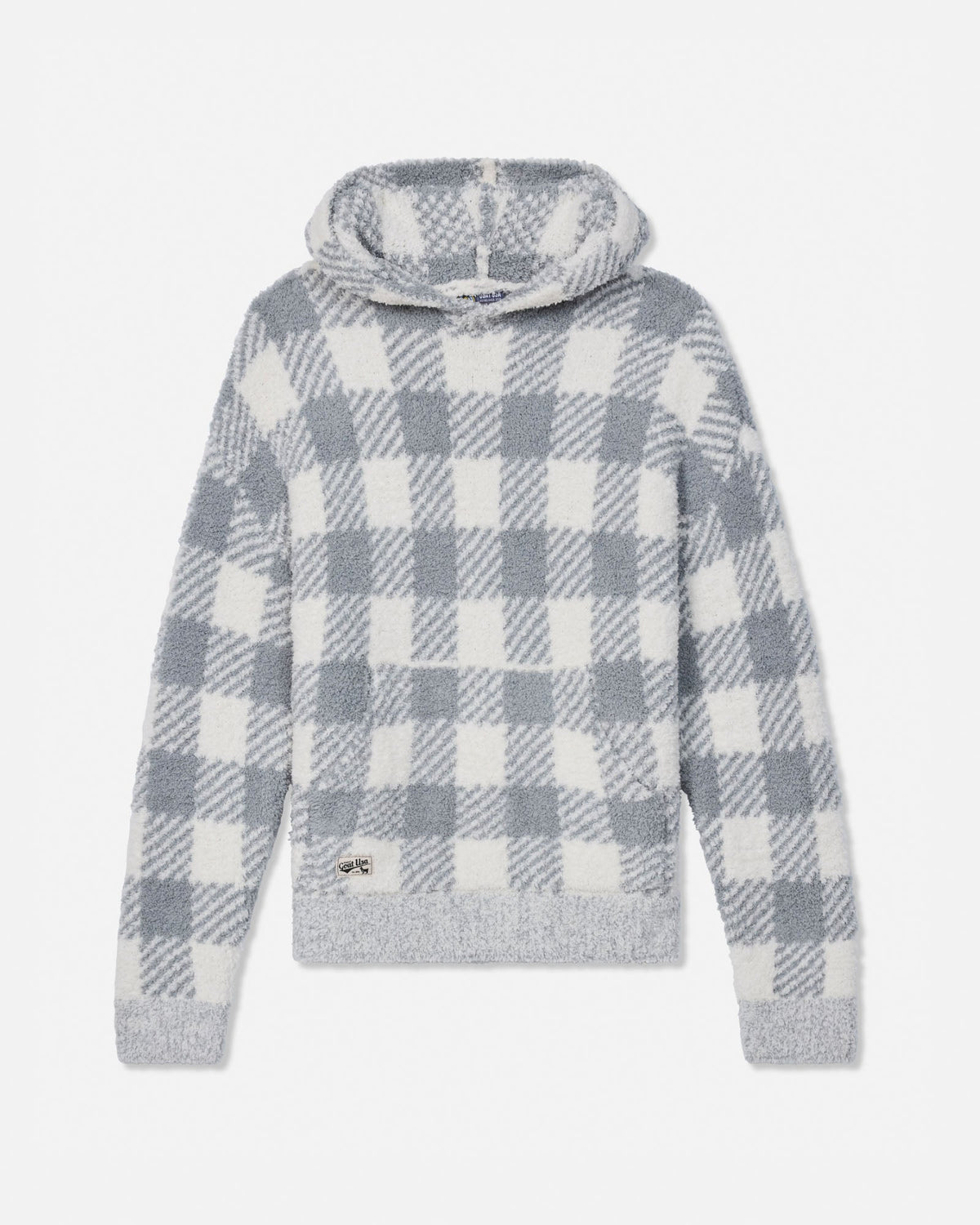 A gray and white checkered fuzzy hooded sweater displayed on a clean white background.
