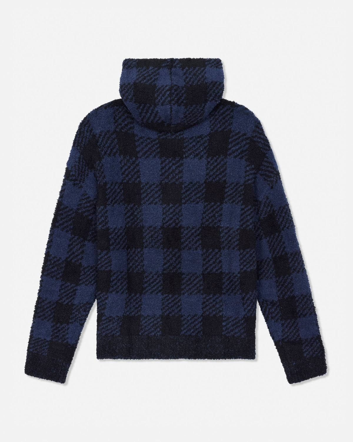 A navy blue and black plaid sherpa fleece hoodie shown from the back, featuring a textured fuzzy fabric and a classic checkered pattern.