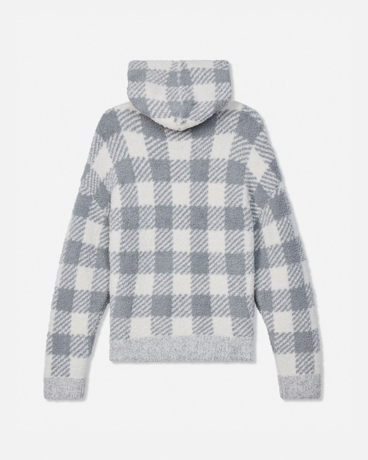 A gray and off-white plaid hooded sweater shown from the back, laid flat against a light gray background.