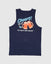Navy tank top with two mugs toasting and text that reads "Cheers sit back and relax"