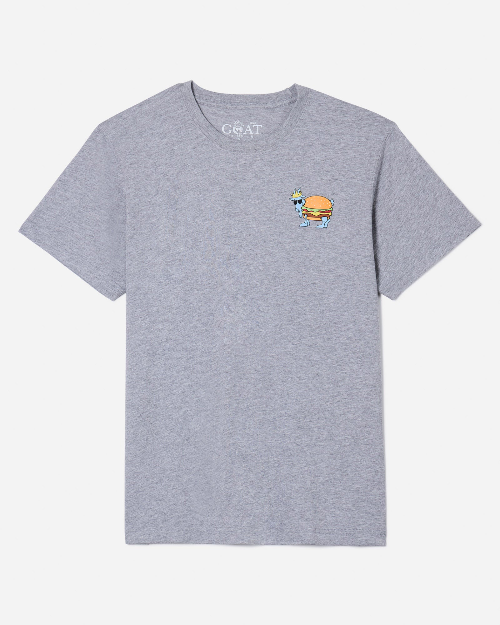 Front of gray t-shirt with Chuck the cheeseburger GOAT left-chest logo