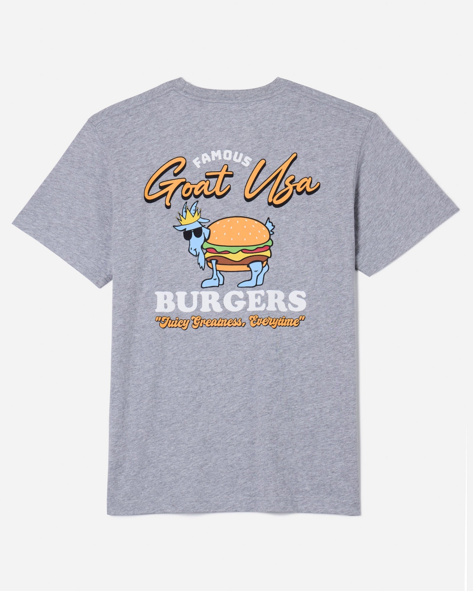 Back of gray t-shirt with Chuck the GOAT dressed as a cheeseburger