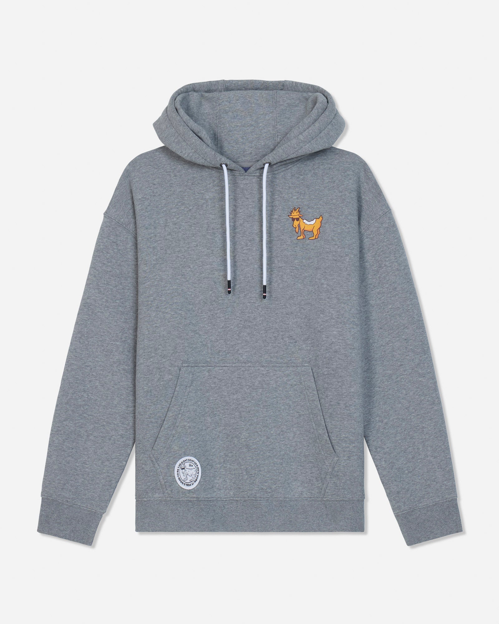 A heather gray pullover hoodie with a small embroidered goat logo on the left chest and a circular white logo patch near the bottom left pocket, shown against a light gray background.