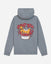 A heather gray pullover hoodie shown from the back, featuring a graphic print of a yellow cartoon goat in sunglasses splashing in red sauce inside a white bowl.