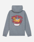 A heather gray pullover hoodie shown from the back, featuring a graphic print of a yellow cartoon goat in sunglasses splashing in red sauce inside a white bowl.