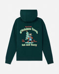 A dark green hooded sweatshirt shown from the back, featuring a colorful graphic of a cartoon Christmas tree and the text 'Farm Fresh Christmas Trees Cut and Carry'.