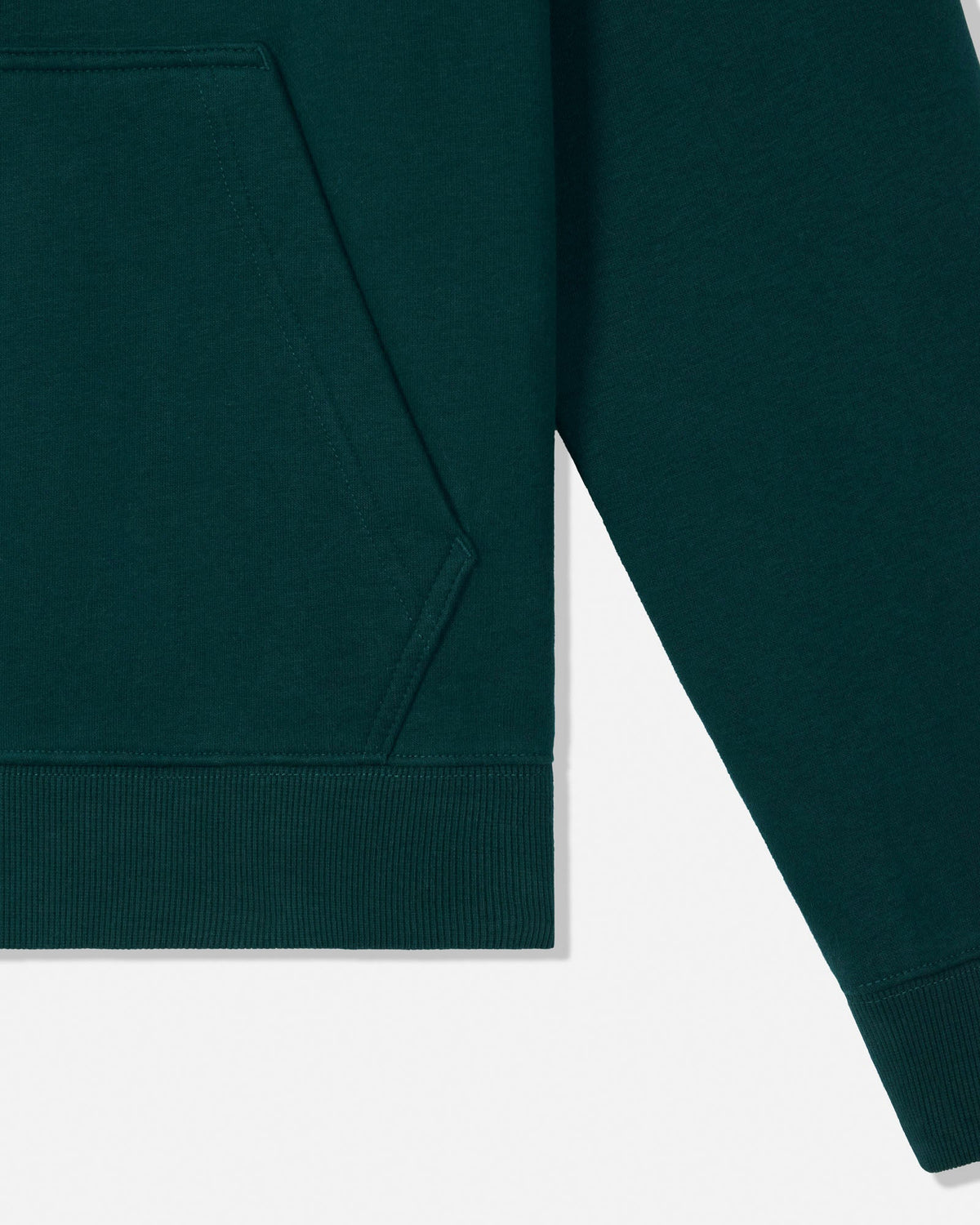 Close-up of a dark forest green sweatshirt showing the sleeve, ribbed cuff, and part of the front pocket against a clean white background.