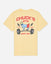 Back of yellow t-shirt with muscle goat and barbell graphic