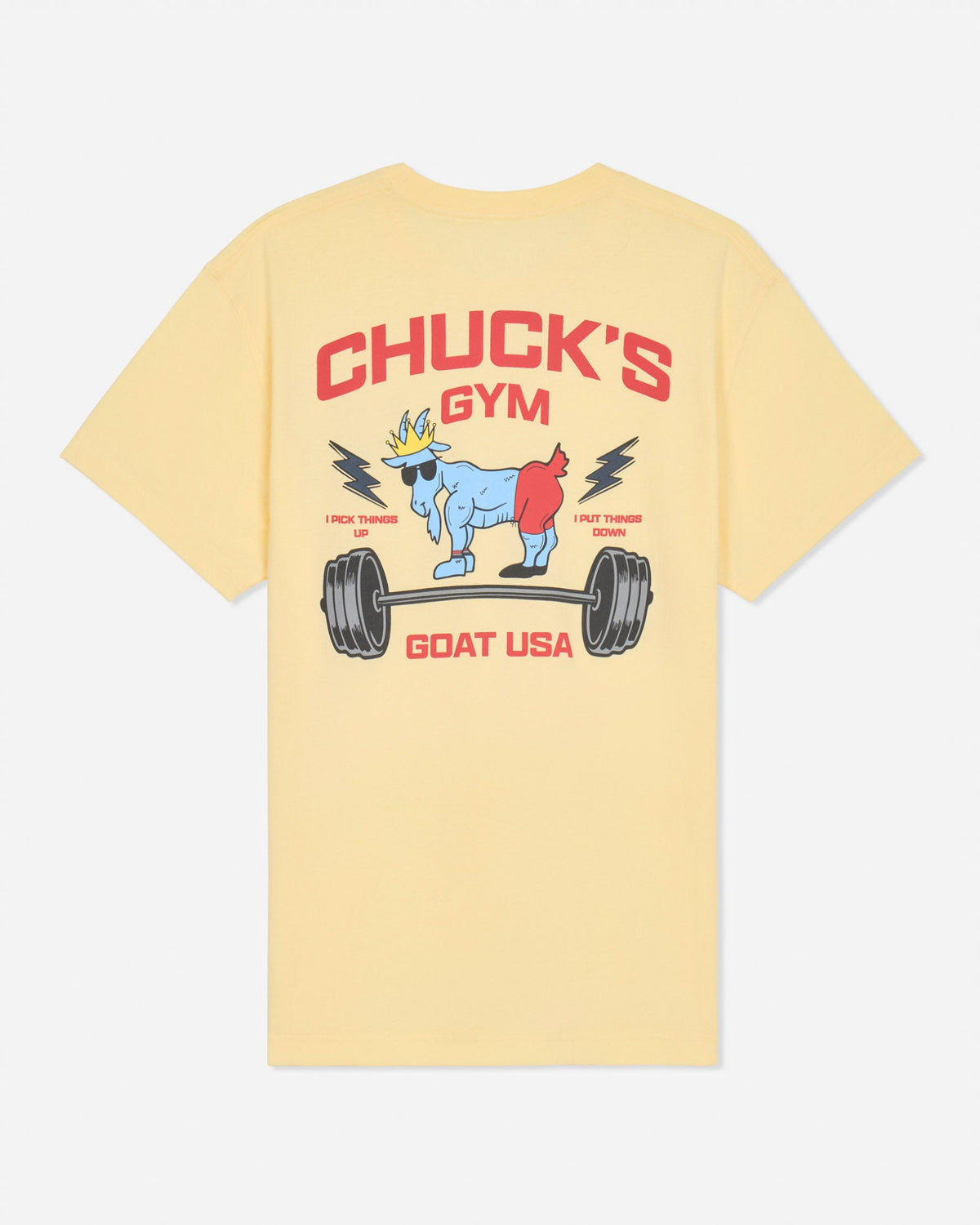 Back of yellow t-shirt with muscle goat and barbell graphic