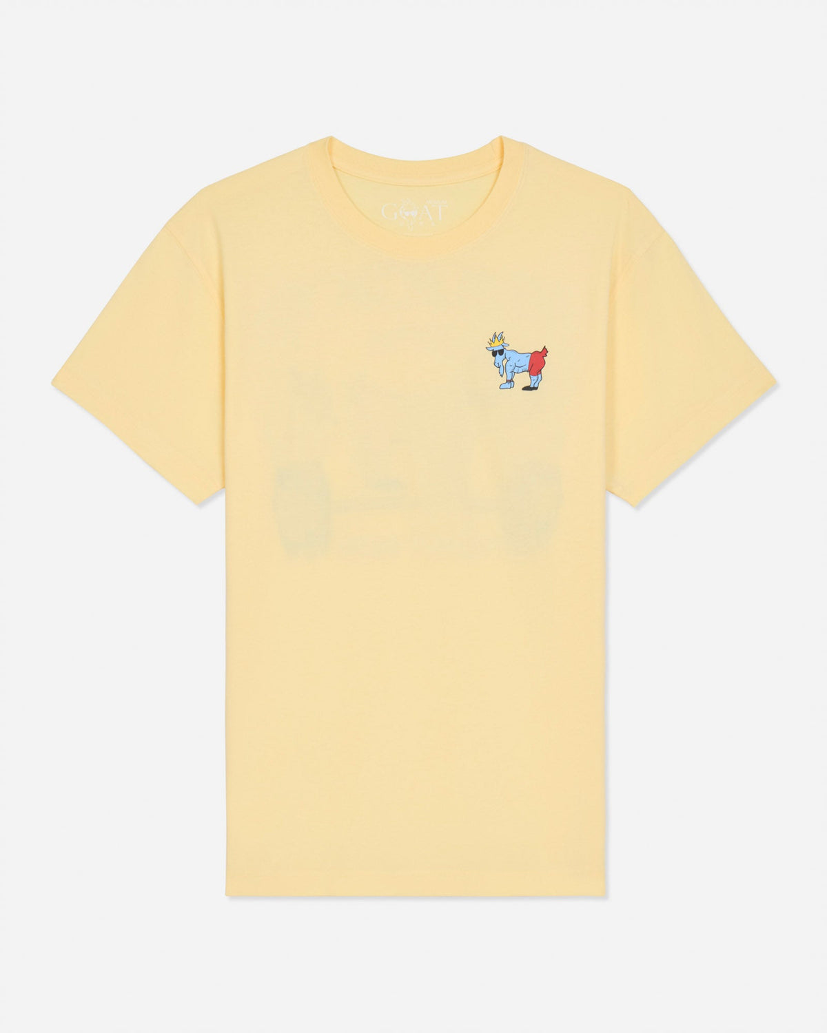 A pale yellow short-sleeve crewneck t-shirt with a small embroidered cartoon goat graphic on the left chest, displayed against a light gray background.