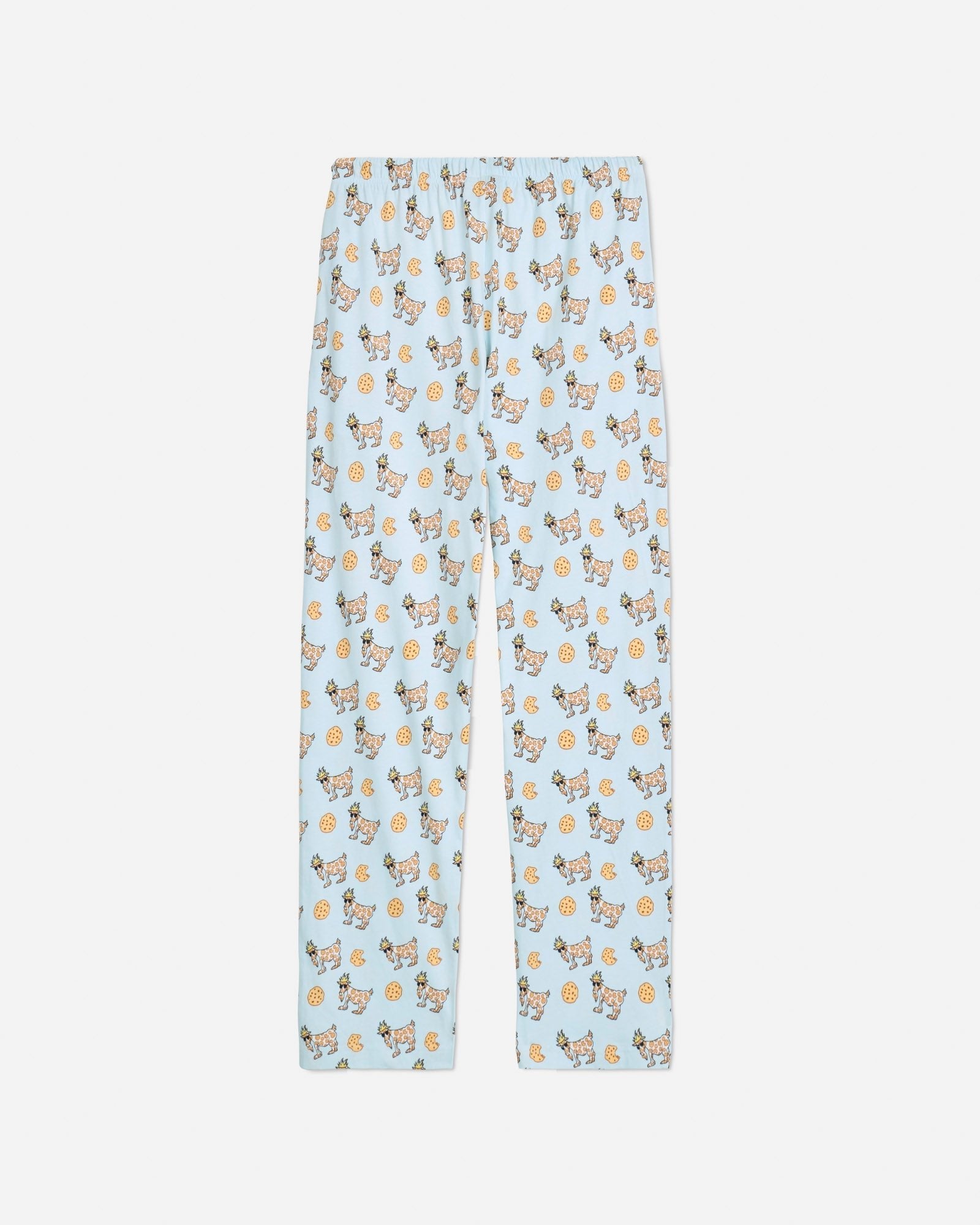 Back of ice blue pajama pants with cookie and cookie goats pattern