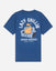 Back of blue t-shirt with couch potato goat graphic