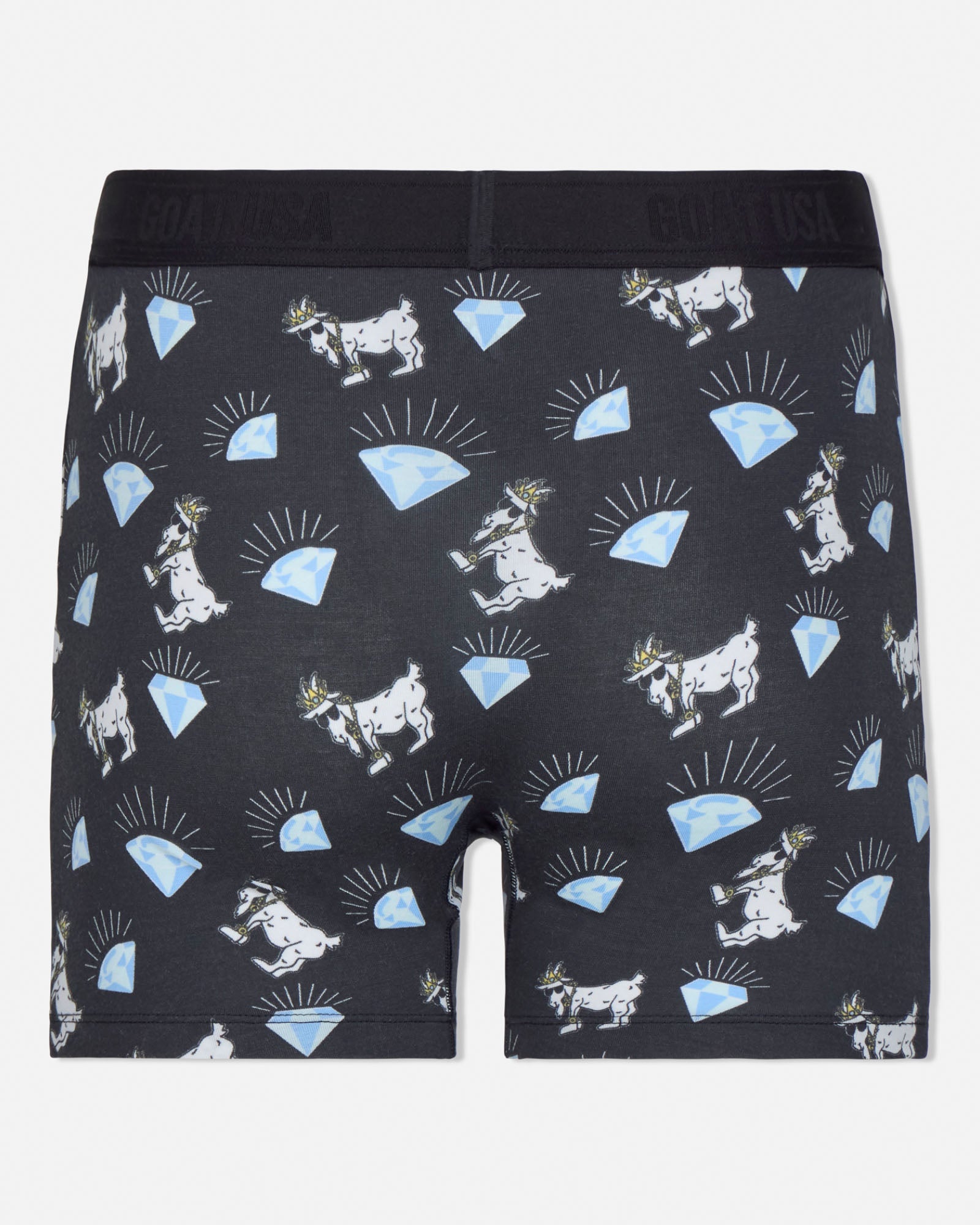 Black boxer briefs with white goat and blue diamond pattern on a white background