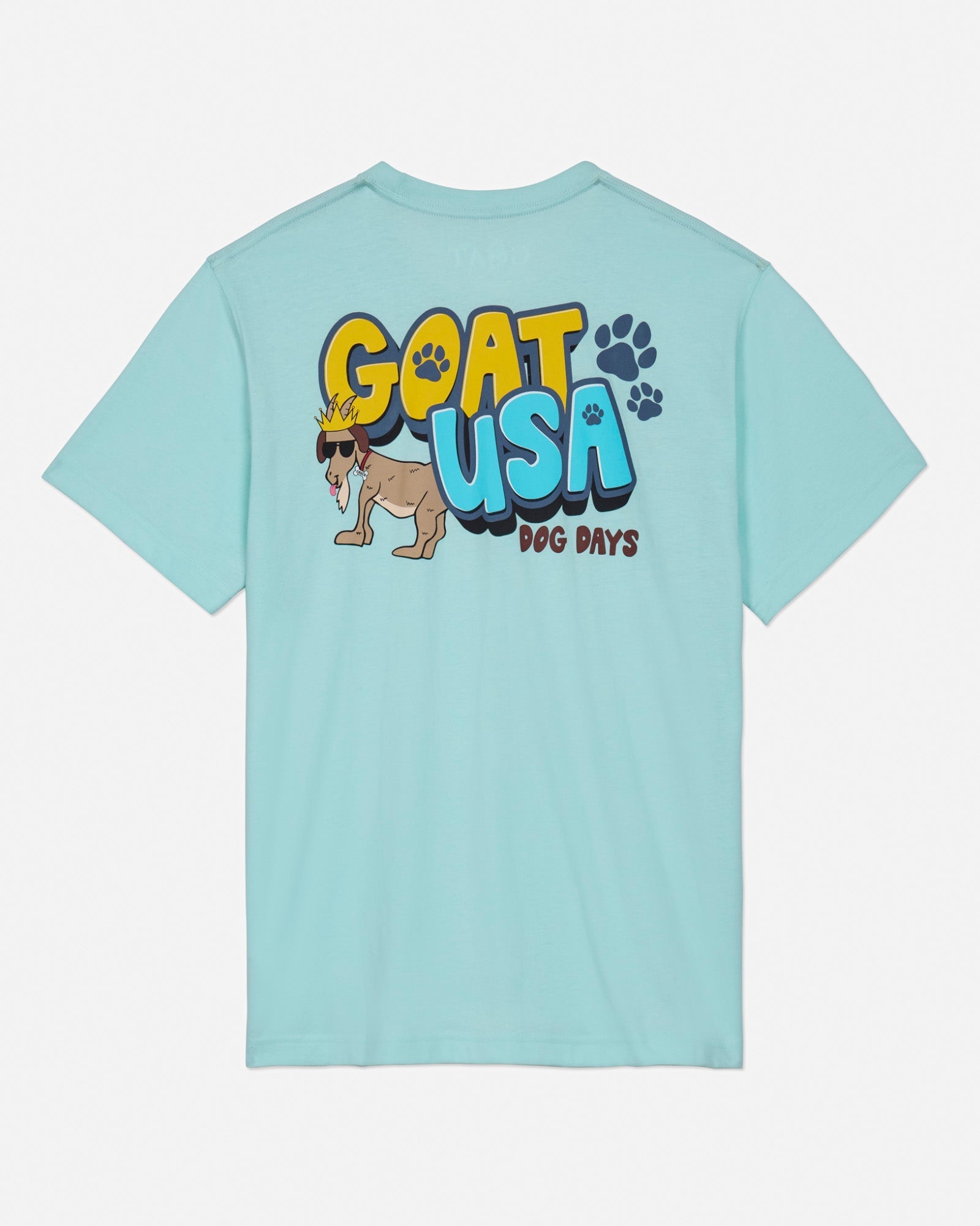 Back of ice blue t-shirt with dog goat graphic