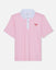 Pink polo shirt with white collar and small logo on a light gray background