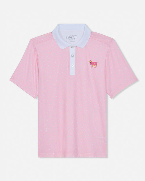 Pink polo shirt with white collar and small logo on a light gray background