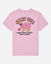 Pink t-shirt with a graphic design of a goat with a donut and text on a white background