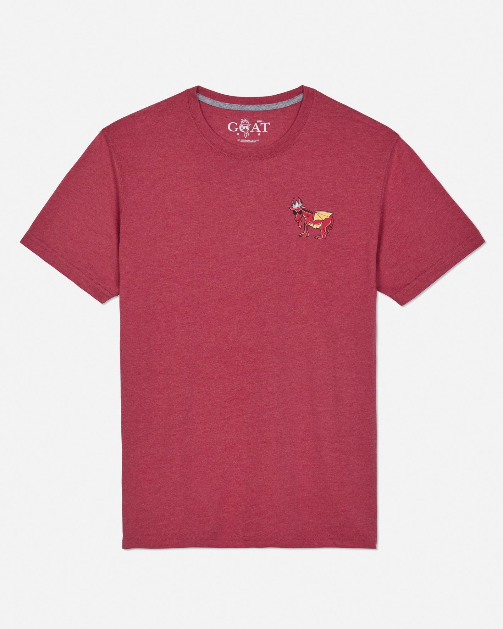 Front of cardinal t-shirt with dragon goat left-chest logo