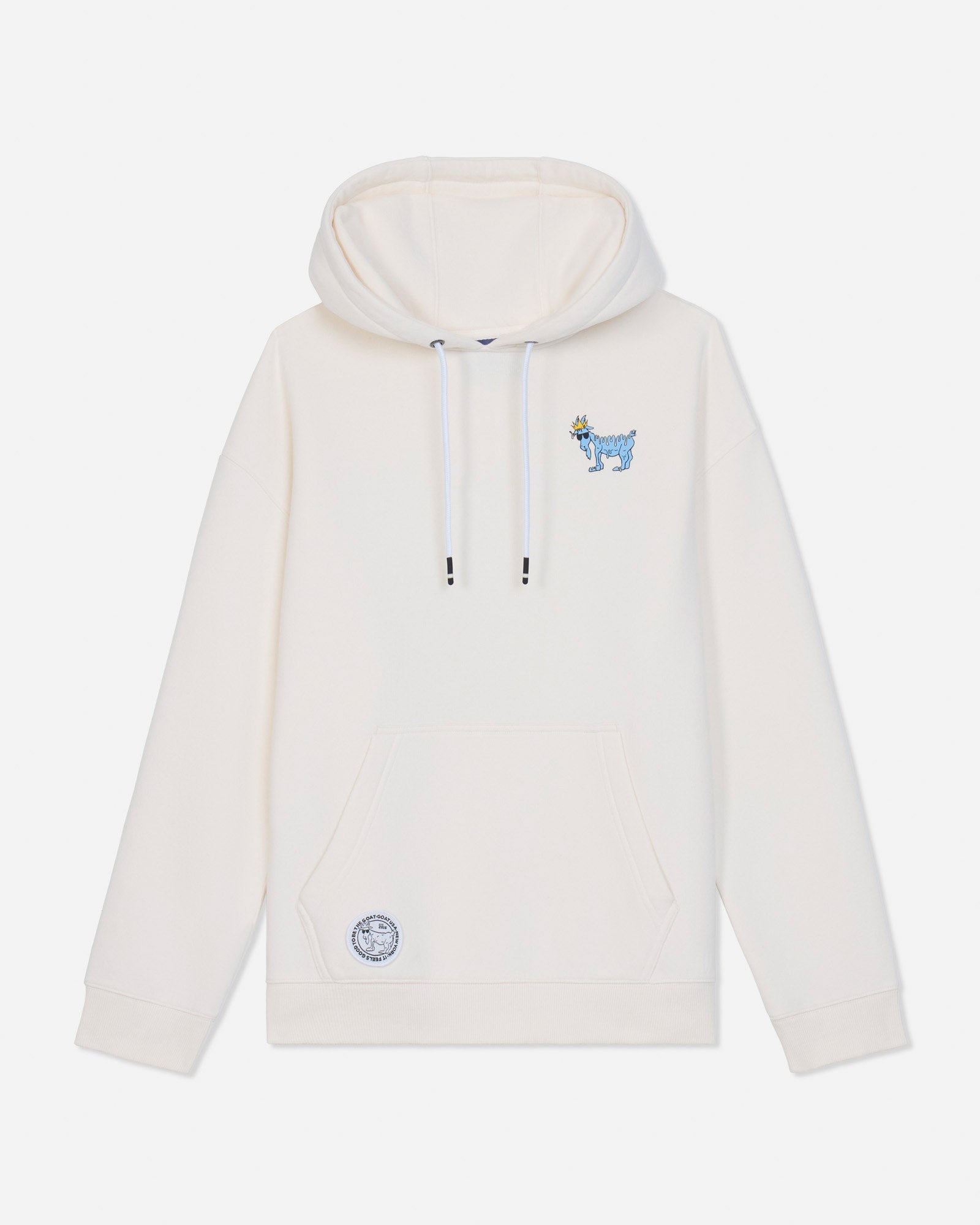 An off-white pullover hoodie with a small blue embroidered goat graphic on the left chest and a matching circular patch on the lower left front, displayed against a light gray background.