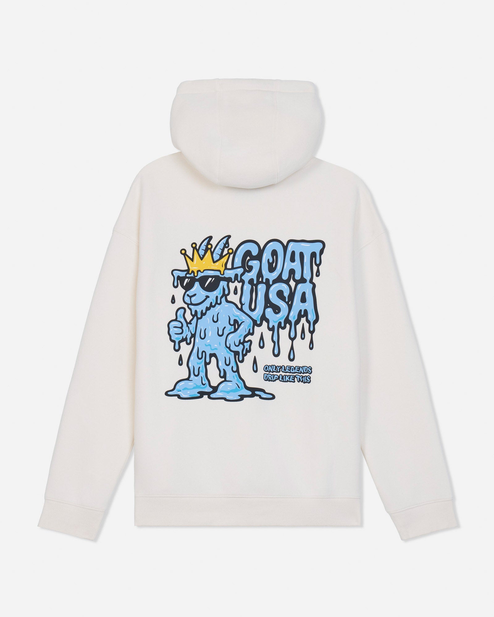 An off-white hooded sweatshirt shown from the back, featuring a large graphic print of a melting blue cartoon character wearing sunglasses and a gold crown next to the text 'GOAT USA'.