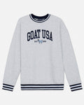 Gray sweatshirt with 'GOAT USA' text on a light gray background