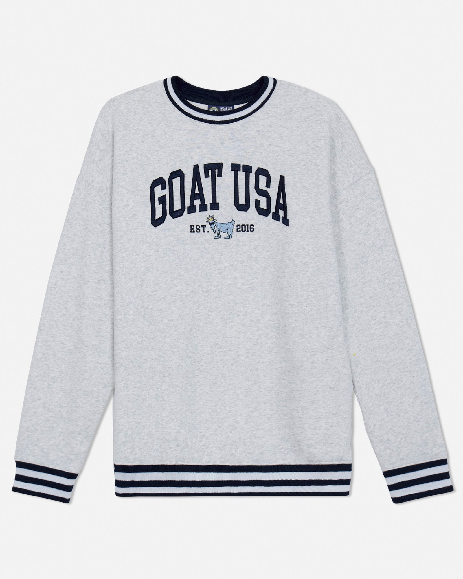 Gray sweatshirt with 'GOAT USA' text on a light gray background