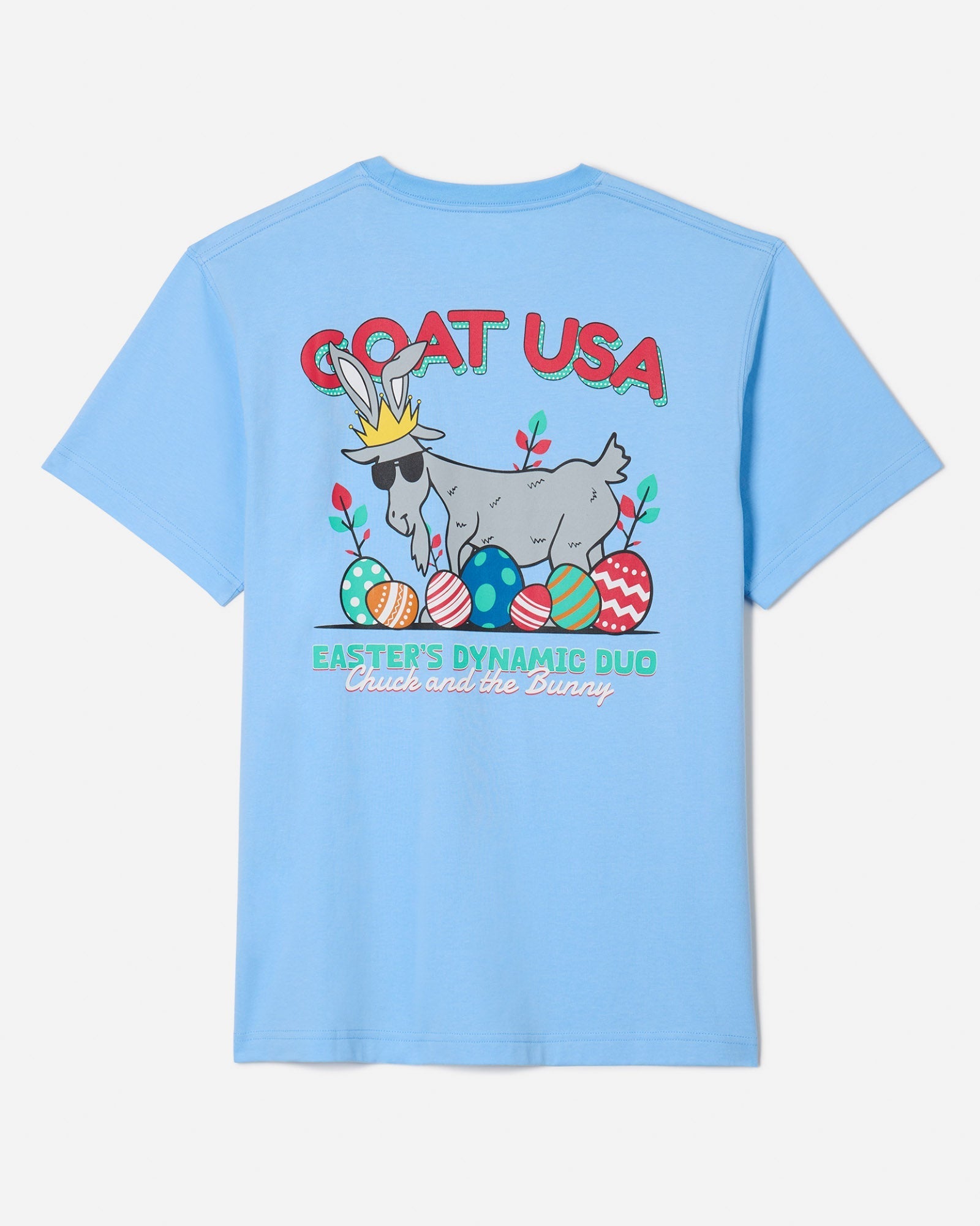 Back of blue t-shirt with Chuck the Easter Bunny GOAT design