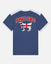 Blue t-shirt with 'England' and a goat design on the back against a white background