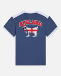 Blue t-shirt with 'England' and a goat design on the back against a white background
