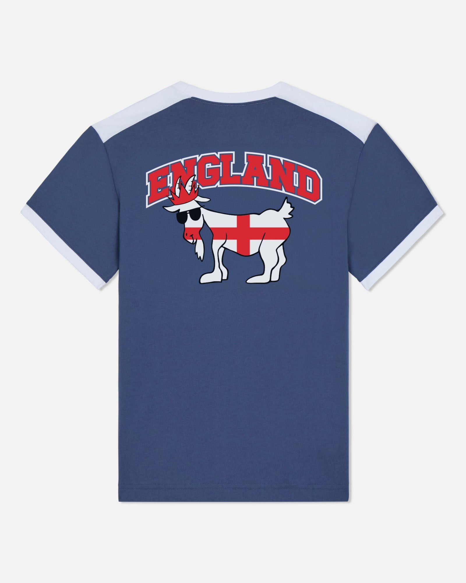 Blue t-shirt with 'England' and a goat design on the back against a white background