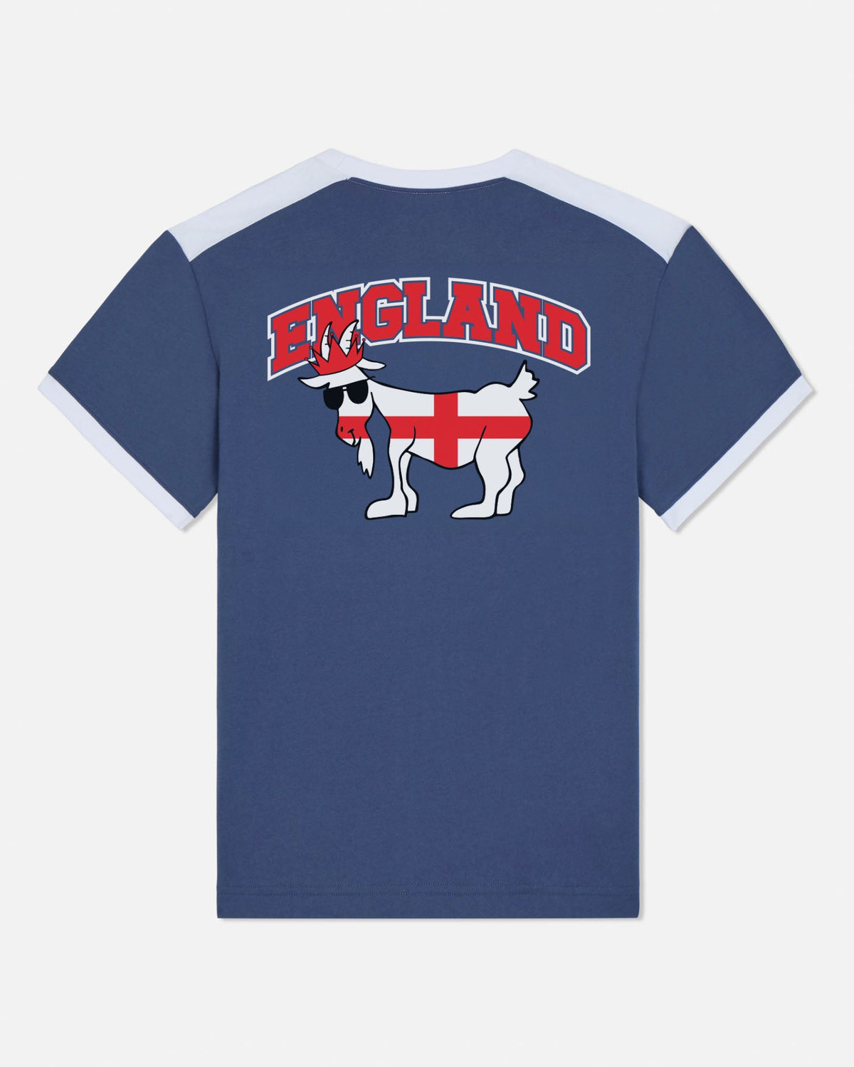 Blue t-shirt with 'England' and a goat design on the back against a white background