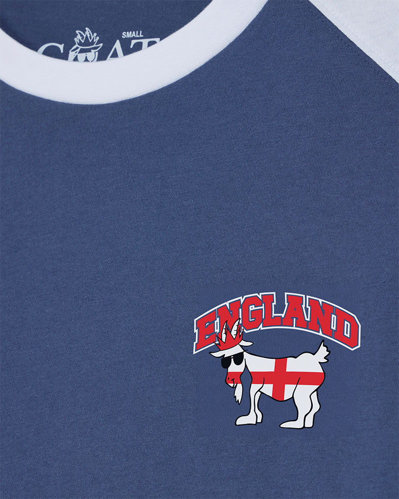 Blue t-shirt with 'England' and goat design on a white label