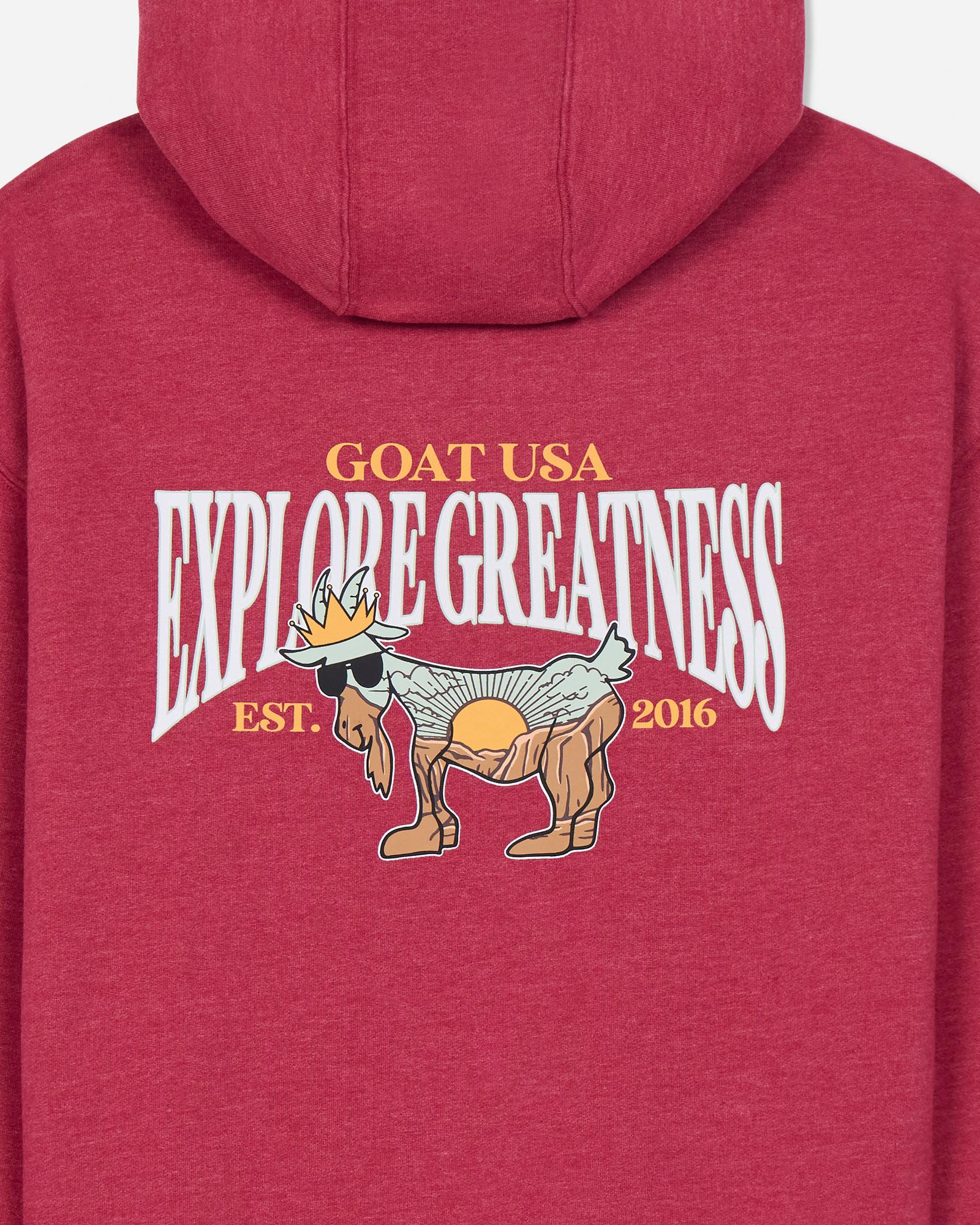 Red hoodie with 'GOAT USA Explore Greatness' text and graphic on the back#color_cardinal