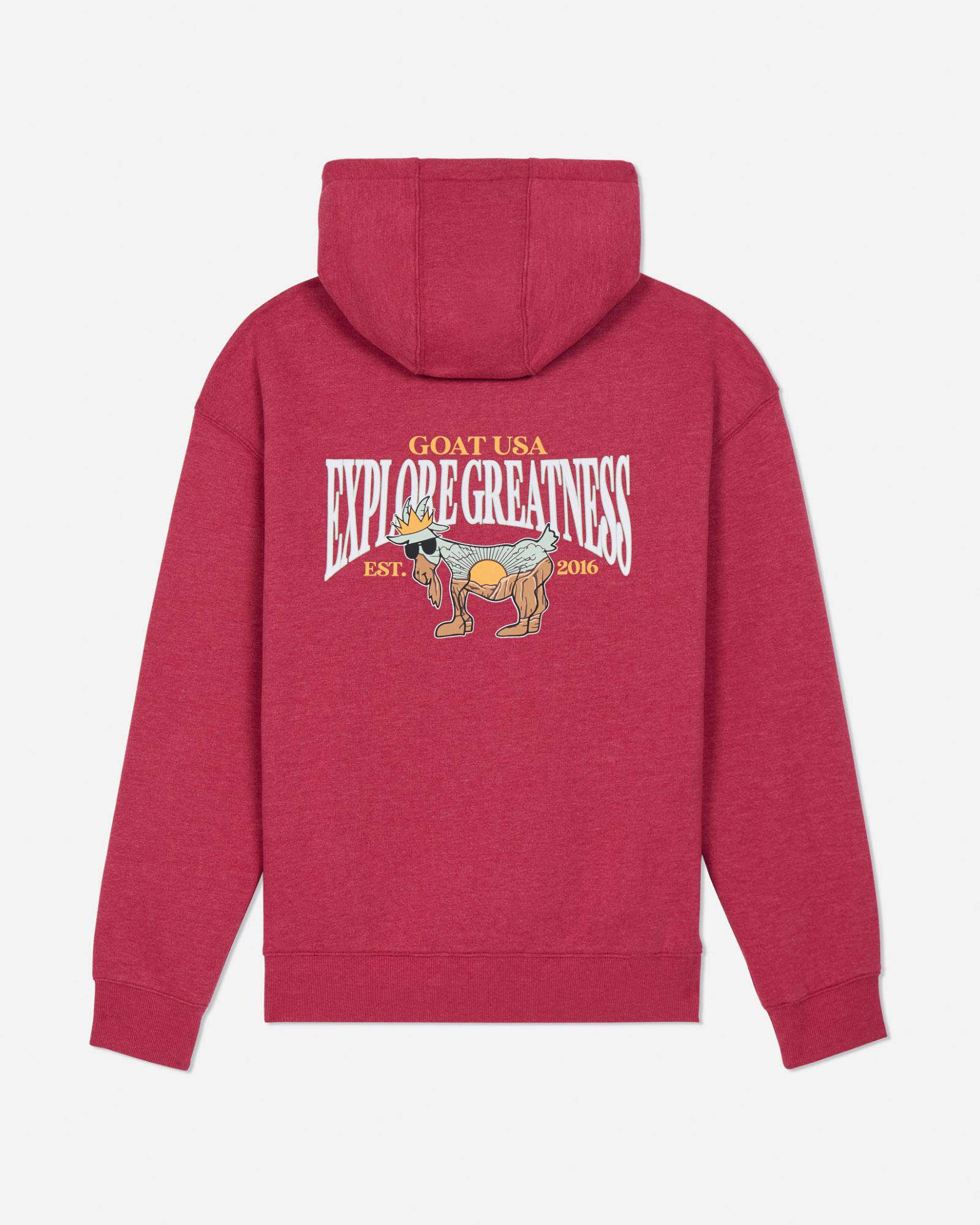 Red hoodie with a graphic design on the back against a light gray background#color_cardinal