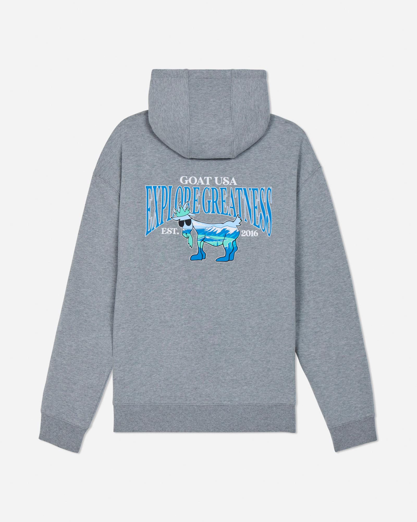 Gray hoodie with a graphic design on the back against a light gray background#color_gray