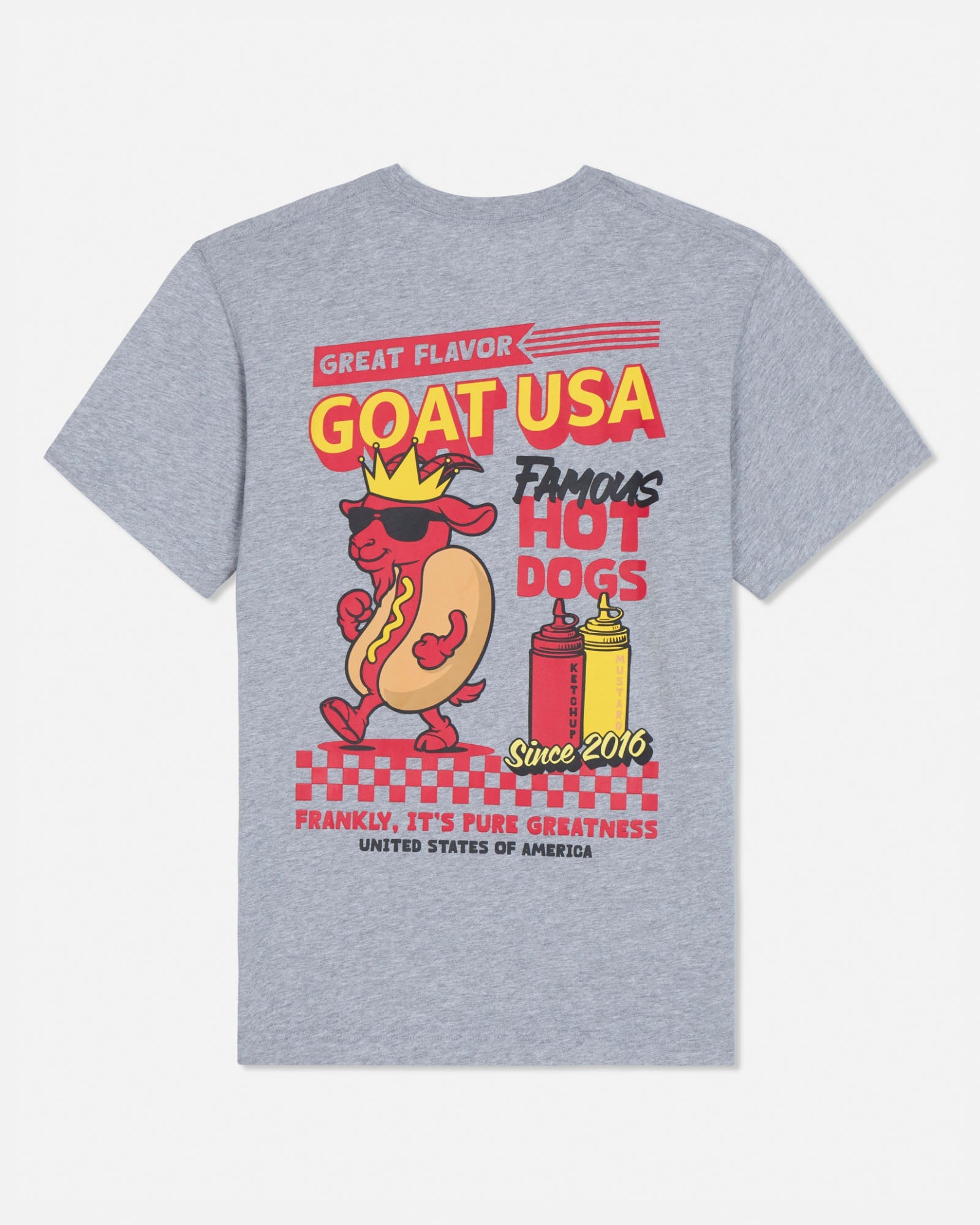 Gray t-shirt with a colorful graphic of a hot dog and text on the back, on a white background.