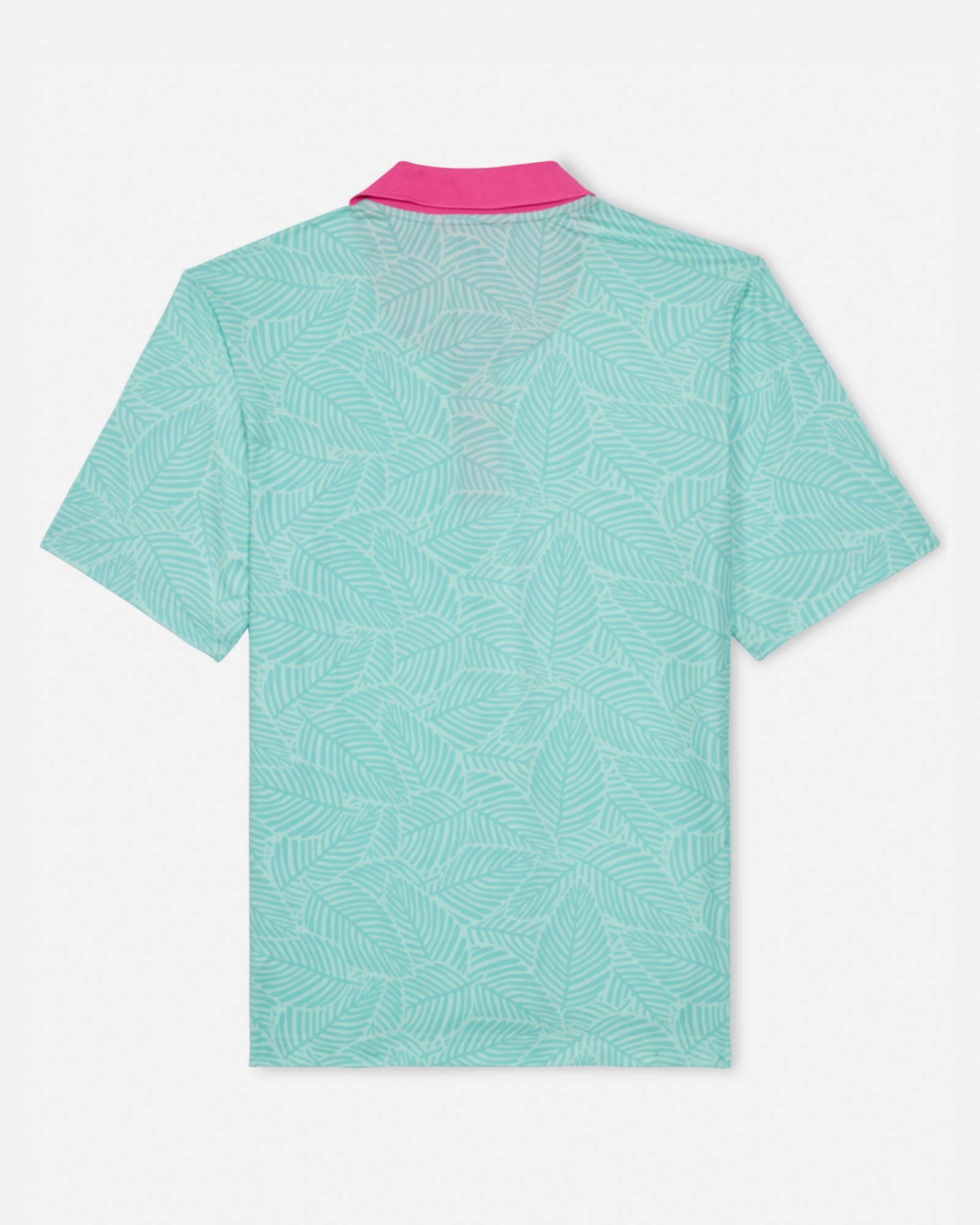 Green patterned polo shirt with pink collar on a white background