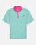 Mint green polo shirt with pink collar and logo on a white background