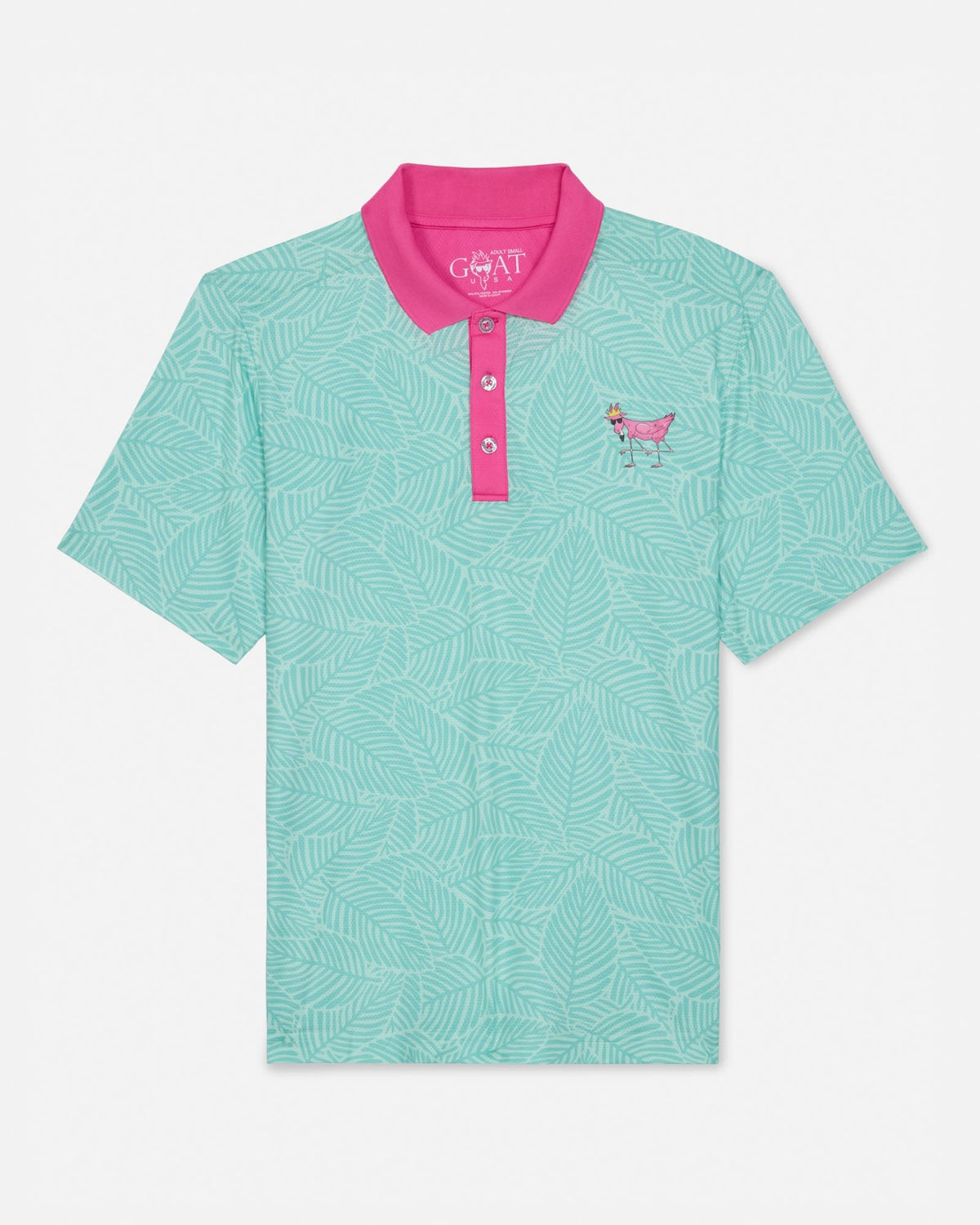Mint green polo shirt with pink collar and logo on a white background