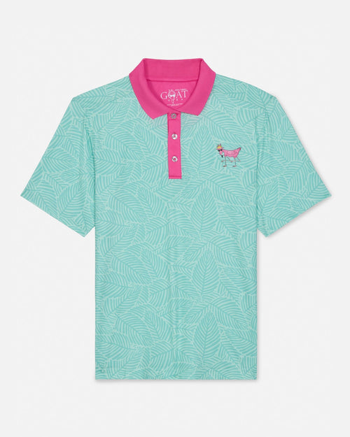 Mint green polo shirt with pink collar and logo on a white background