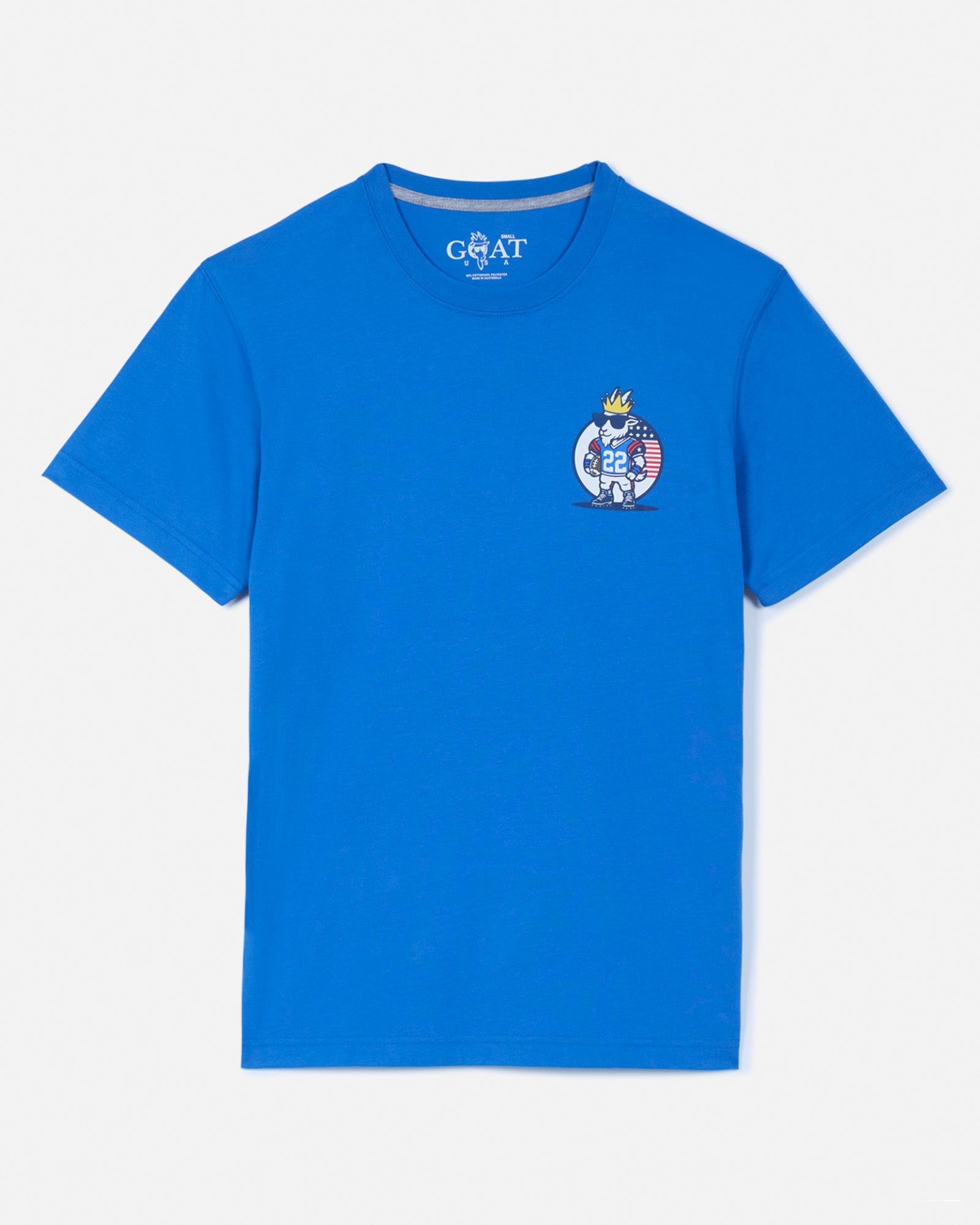Front of royal t-shirt with football goat left-chest logo