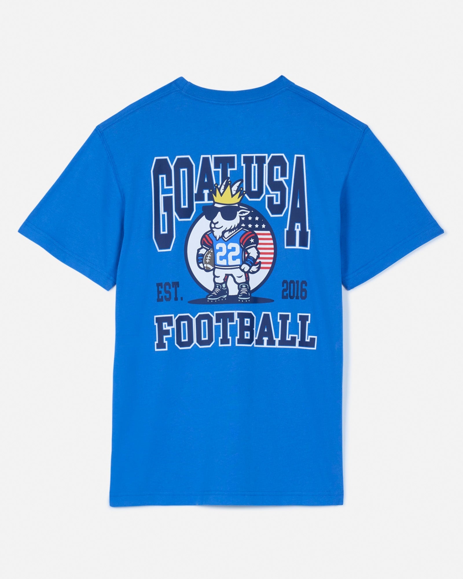 Back of royal t-shirt with football goat graphic