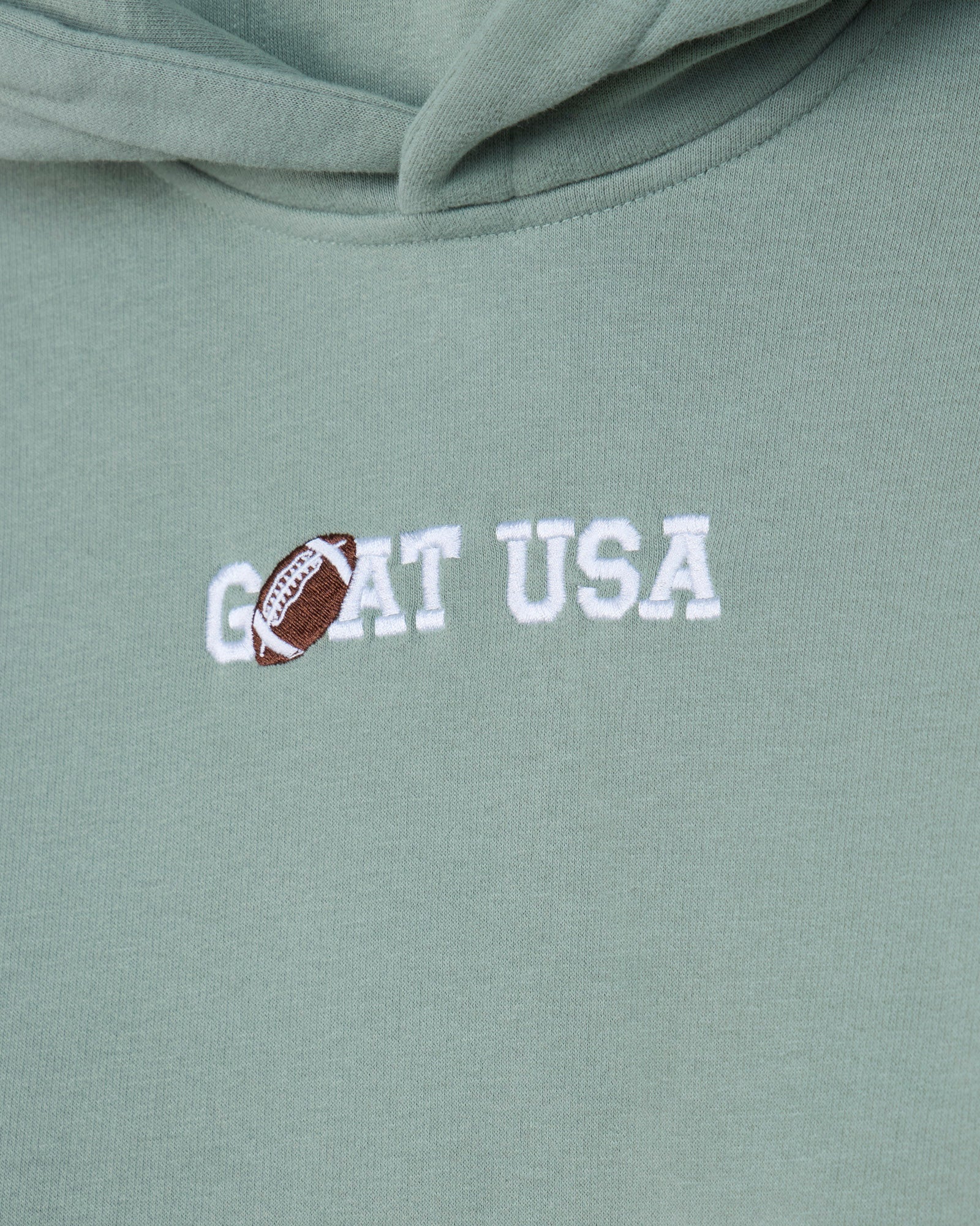Close-up of a sage green hoodie featuring a white 'GOAT USA' graphic on the chest, with a brown and white football replacing the letter 'O'.