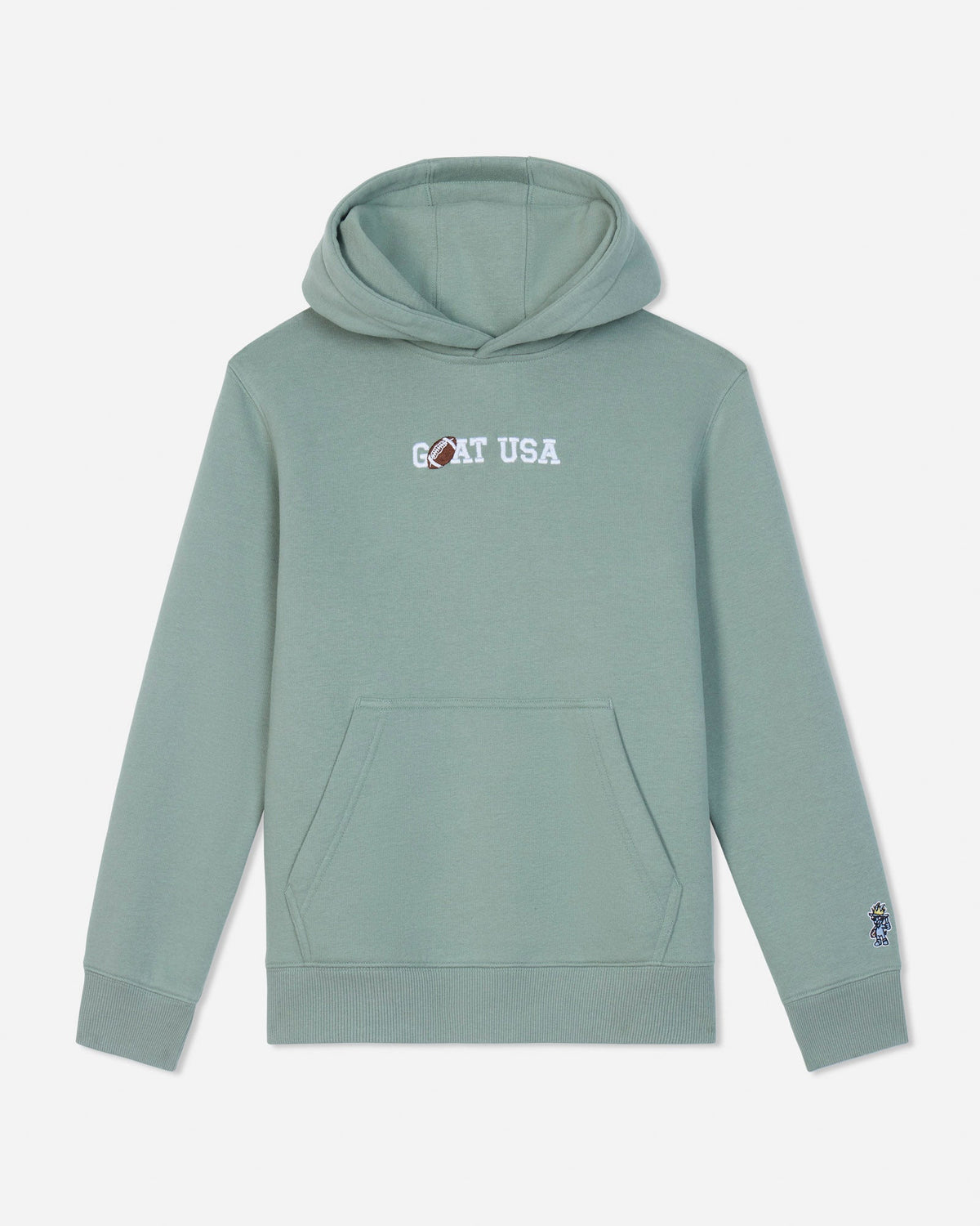 Green hoodie with 'GOAT USA' text on a white background