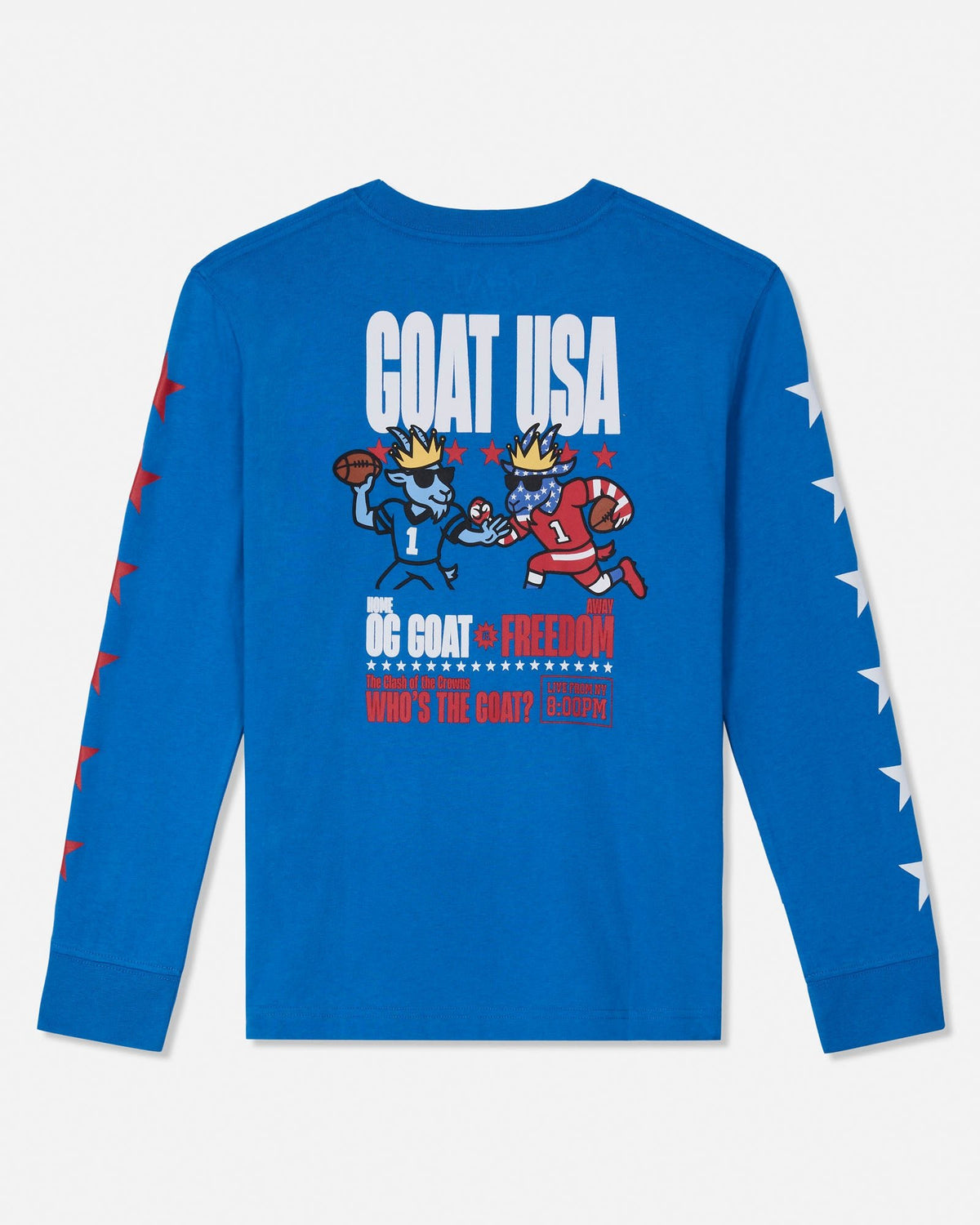 A bright blue long-sleeve t-shirt with a detailed graphic on the back. The graphic features cartoon goats playing football, with the text 'GOAT USA' in white above and 'GOAT FREEDOM' below, flanked by red and white stars on the sleeves.